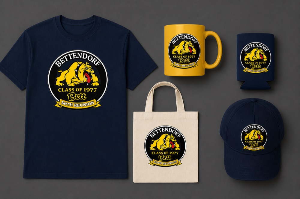Concept mockups: a Class of '77 T-shirt, mug, koozie, tote bag, and cap, each carrying the 50th reunion bulldog logo